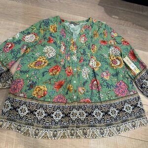 Figueroa & Flower Womens Floral Green Peasant Top With Border Detail Large new